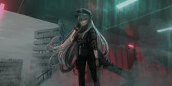 Rule 34 | 1girl, absurdres, arknights, black gloves, black hat, black jacket, black pants, brown eyes, building, chihuri, closed mouth, feet out of frame, gloves, grey hair, hair between eyes, hand up, hat, highres, jacket, long hair, looking at viewer, official alternate costume, outdoors, overcast, pants, peaked cap, saria (arknights), saria (the law) (arknights), short sleeves, single glove, sky, solo, tail, very long hair