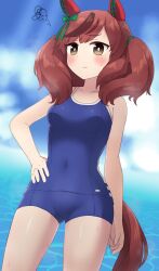 Rule 34 | 1girl, animal ears, bare shoulders, blue one-piece swimsuit, blue sky, blush, breasts, brown eyes, closed mouth, cloud, cowboy shot, ear covers, hand on own hip, highres, horse ears, horse girl, horse tail, medium breasts, nice nature (umamusume), ocean, one-piece swimsuit, outdoors, red hair, simoyuki, sky, solo, squiggle, swimsuit, tail, tracen swimsuit, twintails, umamusume