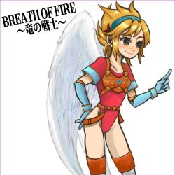 Rule 34 | 1girl, angel wings, armor, blonde hair, boots, breath of fire, breath of fire i, capcom, elbow gloves, gloves, grey eyes, hairband, hota (29812), leotard, nina (breath of fire i), red leotard, short hair, smile, thigh boots, thighhighs, white wings, wings