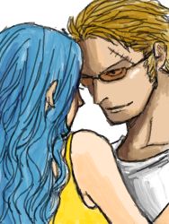 Rule 34 | 1boy, 1girl, alabasta, alternate costume, blue hair, eye contact, forehead-to-forehead, heads together, jasmine chatter, kohza, looking at another, nefertari vivi, one piece, princess, scar, sunglasses, tank top