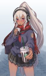 Rule 34 | 1girl, artist name, azur lane, bag, black skirt, blue cardigan, blush, buttons, cardigan, coffee, commentary request, cowboy shot, cup, dark-skinned female, dark skin, disposable cup, drinking, drinking straw, duffel bag, emblem, facial mark, foreshortening, giving, grey hair, hair between eyes, headphones, high ponytail, highres, holding, holding cup, legs apart, logo, long hair, long sleeves, looking at viewer, miniskirt, minneapolis (azur lane), minneapolis (wild huntress schoolgirl) (azur lane), neckerchief, pavement, plaid, plaid scarf, pleated skirt, red eyes, red neckerchief, red scarf, sailor collar, scarf, sidelocks, simple background, skirt, solo, standing, star (symbol), twitter username, v-shaped eyebrows, very long hair, yu ni t