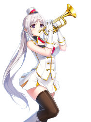 Rule 34 | 1girl, :t, band uniform, bare shoulders, black thighhighs, boots, breasts, buttons, cleavage cutout, closed mouth, closers, clothing cutout, collared jacket, cowboy shot, double-breasted, fold-over gloves, gloves, hands up, hat, highres, holding, holding instrument, holding trumpet, impossible clothes, impossible jacket, instrument, jacket, knee boots, large breasts, leg up, levia (closers), long hair, looking ahead, marching band, mini shako cap, miniskirt, music, necktie, no pupils, official art, parted bangs, playing instrument, pleated skirt, pointy ears, ponytail, pout, purple eyes, red necktie, shako cap, sidelocks, skirt, sleeveless, sleeveless jacket, solo, standing, standing on one leg, sweat, thighhighs, trumpet, uniform, v-shaped eyebrows, very long hair, white background, white footwear, white gloves, white hair, white hat, white jacket, white skirt, wing collar, zettai ryouiki