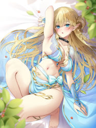 Rule 34 | 1girl, arm up, armpits, bare legs, bare shoulders, barefoot, bikini, blonde hair, blue bikini, blue eyes, blush, breasts, bridal gauntlets, cleavage, collar, elf, from above, hair rings, jewelry, large breasts, long hair, long pointy ears, looking at viewer, lying, navel, navy (navy.blue), on back, open mouth, original, pointy ears, sarong, solo, swimsuit