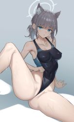 Rule 34 | 1girl, absurdres, animal ear fluff, animal ears, aqua eyes, blue archive, blush, breasts, cleavage, competition swimsuit, covered erect nipples, covered navel, ear piercing, fagun233, grey hair, hair ornament, halo, highres, jewelry, looking at viewer, low ponytail, medium breasts, mismatched pupils, one-piece swimsuit, parted lips, piercing, ponytail, pussy, pussy peek, shiroko (blue archive), shiroko (swimsuit) (blue archive), simple background, solo, spread legs, swimsuit, wet, wet clothes, wet swimsuit