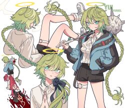 Rule 34 | 2others, ascot, bad id, bad twitter id, black ribbon, black shorts, blue jacket, carrying, carrying person, cigarette, closed mouth, collared shirt, frown, green hair, guro, hair between eyes, hair ribbon, halo, hand in pocket, highres, holding another&#039;s hair, holding mace, intestines, jacket, kei (meremero), long hair, long sleeves, looking at viewer, looking up, mace, meremero, multiple others, multiple views, o-ring, o-ring thigh strap, open clothes, open jacket, open mouth, original, other focus, over shoulder, ribbon, shirt, shoes, shorts, smile, smoke, smoking, sneakers, spiked mace, spikes, thigh strap, very long hair, weapon, weapon over shoulder, white ascot, white background, white footwear, white shirt, yellow halo, yui (meremero)