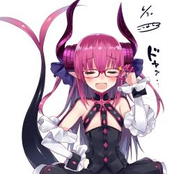 Rule 34 | 10s, 1girl, absurdres, adjusting eyewear, asymmetrical horns, bespectacled, blush, claws, closed eyes, corset, detached sleeves, doyagao, dragon horns, dragon tail, dress, elizabeth bathory (fate), elizabeth bathory (fate/extra ccc), elizabeth bathory (first ascension) (fate), fang, fate/extra, fate/extra ccc, fate/grand order, fate (series), flat chest, frilled sleeves, frills, glasses, hair ribbon, hand on eyewear, hand on own hip, highres, horns, kou mashiro, long hair, open mouth, pink hair, plaid, plaid skirt, pointy ears, purple-framed eyewear, ribbon, simple background, skirt, smug, solo, sparkle, split tail, tail, two side up, uneven horns, white background