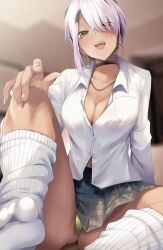 Rule 34 | 1girl, black skirt, blush, breast pocket, breasts, cleavage, collared shirt, commentary request, green panties, highres, jewelry, kneehighs, large breasts, long sleeves, looking at viewer, medium hair, mole, mole on thigh, necklace, open mouth, original, panties, pocket, ryouma (galley), shirt, sitting, skirt, smile, socks, solo, thighs, underwear, white hair, white shirt, white socks, yellow eyes