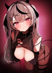 Rule 34 | 1girl, bikini, black bikini, black collar, black hair, blush, braid, breasts, closed mouth, collar, crying, crying with eyes open, demon tail, elbow gloves, fingerless gloves, gloves, grey hair, hair ornament, hairclip, highres, hololive, large breasts, leaning forward, long hair, looking at viewer, multicolored hair, namagome negi, red eyes, red nails, sakamata chloe, side-tie bikini bottom, solo, streaked hair, sweat, swimsuit, tail, tears, thigh strap, thighhighs, underwear, virtual youtuber, x hair ornament
