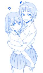 Rule 34 | 2girls, :d, ?, ai-chan (tawawa), blue theme, breast press, breasts, commentary, getsuyoubi no tawawa, heart, himura kiseki, hug, looking at viewer, monochrome, multiple girls, necktie, open mouth, original, parted lips, pleated skirt, school uniform, short hair, simple background, skirt, smile, symmetrical docking, volley-bu-chan (tawawa), white background, yuri