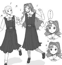 2girls :&lt; :o absurdres alternate_costume arrow_(symbol) beamed_eighth_notes checkered_hairband closed_eyes closed_mouth collared_shirt dancing dress eighth_note freckles full_body ginkgo_leaf greyscale hair_bun hairband half_note highres leaf leaf_on_head loafers long_dress long_hair long_sleeves looking_at_another monochrome multiple_girls multiple_views musical_note neck_ribbon open_mouth pantyhose portrait quarter_note reverse:1999 ribbon rikini_sushi shirt shoes short_hair single_side_bun sleeveless sleeveless_dress smile socks sonetto_(reverse:1999) two_side_up vertin_(reverse:1999)