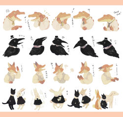 Rule 34 | ..., ?, absurdres, anger vein, animal, animal focus, ascot, bird, black cat, black dress, black hat, black vest, bloomers, cat, claws, closed eyes, clothed animal, collared dress, collared shirt, collared vest, commentary, commentary request, crocodilian tail, cropped torso, crow, double thumbs up, dress, english commentary, english text, flying sweatdrops, fox, frills, green ascot, grey vest, hand on own chin, hand on own elbow, hand up, hands on own head, hat, high collar, highres, lapels, letterboxed, long sleeves, mini hat, mixed-language commentary, mixed-language text, multiple views, musical note, no humans, notched lapels, open mouth, original, puff of air, rabbit, sharp teeth, sheep, shirt, short dress, simple background, slit pupils, sparkle, tail, teeth, thinking, thumbs up, tono (rt0no), translation request, underwear, v-neck, vest, white ascot, white background, white bloomers, white shirt, wide-eyed