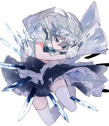 Rule 34 | &gt;:(, 1girl, apron, between fingers, blue bow, blue eyes, bow, braid, commentary request, frilled apron, frills, gloves, hair bow, highres, holding, holding knife, ikurauni, izayoi sakuya, knife, knives between fingers, maid apron, maid headdress, petticoat, puffy short sleeves, puffy sleeves, short hair, short sleeves, silver hair, solo, thighhighs, thighs, touhou, v-shaped eyebrows, white gloves, white thighhighs, zettai ryouiki
