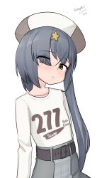 Rule 34 | 1girl, absurdres, belt, beret, brown eyes, clothes writing, grey hair, grey hat, grey skirt, hair ornament, hair over one eye, hat, highres, kantai collection, long hair, maru (marg0613), official alternate costume, one-hour drawing challenge, scamp (kancolle), shirt, side ponytail, skirt, solo, star (symbol), star hair ornament, two-tone hat, upper body, white shirt