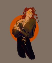 Rule 34 | 1boy, black pants, casual, center opening, cropped legs, crowley (good omens), demon, demon boy, good omens, high-waist pants, highres, looking at viewer, noodlebox-bird, pants, solo