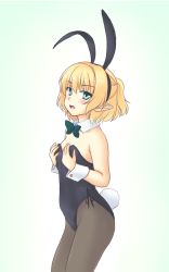 Rule 34 | 1girl, animal ears, black pantyhose, blonde hair, bow, bowtie, detached collar, green eyes, isaki (gomi), leotard, mizuhashi parsee, open mouth, pantyhose, playboy bunny, pointy ears, rabbit ears, rabbit tail, short hair, solo, tail, touhou, wrist cuffs