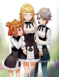Rule 34 | 10s, 3girls, :d, :o, ange (princess principal), angry, annoyed, arm grab, arm hug, bare legs, beatrice (princess principal), black bow, black neckwear, blonde hair, blue eyes, blurry, blush, bow, bowtie, breasts, brown eyes, brown hair, closed eyes, depth of field, double bun, dress, eye contact, female focus, flat chest, friends, frills, girl sandwich, grey hair, grey legwear, hair between eyes, hair bun, hair flaps, hug, jealous, legs, locked arms, long hair, long sleeves, looking at another, medium breasts, multiple girls, neo-masterpeacer, open mouth, pantyhose, princess (princess principal), princess principal, sandwiched, school uniform, serious, shade, short hair, small breasts, smile, standing, sweatdrop, yuri