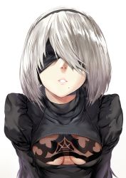 Rule 34 | 1girl, absurdres, blindfold, breasts, cleavage, facing viewer, female focus, hairband, hews, highres, lips, medium breasts, mole, mole under mouth, nier (series), nier:automata, short hair, silver hair, simple background, solo, upper body, 2b (nier:automata)