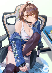 Rule 34 | 1girl, absurdres, ahoge, animal print, azur lane, baltimore (azur lane), black choker, black thighhighs, blurry, blurry background, blush, breasts, bremerton (azur lane), brown hair, character doll, choker, cleavage, commentary request, foot out of frame, gradient background, green background, hand up, highres, kento (kentdrawing), large breasts, looking at viewer, midriff peek, off shoulder, panda, short hair, single bare shoulder, sitting, solo, sports bra, swivel chair, thighhighs, thighs, yellow eyes