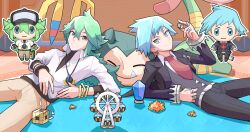 Rule 34 | 2boys, absurdres, bangle, bracelet, closed mouth, collared shirt, commentary request, cradily, creatures (company), ffccll, game freak, gen 1 pokemon, gen 3 pokemon, gen 5 pokemon, green hair, hand up, highres, holding, indoors, jacket, jewelry, long hair, lying, male focus, multiple boys, n (pokemon), necktie, nintendo, open clothes, open jacket, pants, pokemon, pokemon (creature), pokemon bw, pokemon oras, red necktie, ring, shirt, sigilyph, smile, snorlax, steven stone, stitches, stuffed animal, stuffed toy, undershirt, vest, white shirt, wooden floor