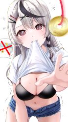 Rule 34 | 1girl, absurdres, breasts, cleavage, grey hair, highres, hololive, holox, hypnosis, kudoukudokudo, large breasts, long hair, looking at viewer, medium breasts, mind control, mouth hold, sakamata chloe, short sleeves, simple background, solo, virtual youtuber, white hair