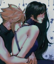 Rule 34 | 1boy, 1girl, backless dress, backless outfit, bare arms, bare shoulders, black hair, blonde hair, blush, breasts, closed eyes, cloud strife, couple, dress, final fantasy, final fantasy vii, final fantasy vii remake, from side, hetero, highres, hug, hug from behind, kiss, kissing back, long hair, medium breasts, official alternate costume, parted lips, purple dress, red eyes, sleeveless, sleeveless turtleneck, spiked hair, square enix, star (symbol), sweater, swept bangs, tifa lockhart, tifa lockhart (refined dress), turtleneck, turtleneck sweater, upper body, ymr18