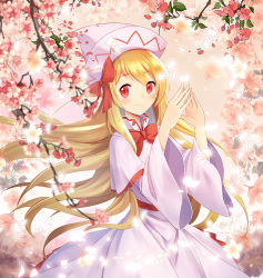 Rule 34 | 1girl, blonde hair, blush, bow, bowtie, capelet, commentary, cowboy shot, dress, flower, hands up, hat, hat bow, leaf, lily white, long hair, long sleeves, looking at viewer, own hands together, petals, pink background, pink flower, red bow, red bowtie, red eyes, red sash, sash, smile, solo, standing, steepled fingers, touhou, very long hair, white capelet, white dress, white flower, white hat, wide sleeves, z.o.b