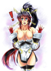 Rule 34 | black hair, blue eyes, breasts, collarbone, dress, gloves, hair between eyes, hands up, high ponytail, large breasts, leotard, long hair, looking at viewer, multicolored hair, nanbu kaguya, nipples, open mouth, outline, penzoom, ponytail, red gloves, red hair, super robot wars, super robot wars og saga mugen no frontier, very long hair, white dress, white leotard