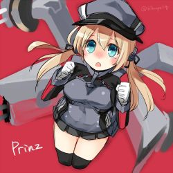 Rule 34 | 10s, 1girl, anchor hair ornament, bad id, bad twitter id, black ribbon, black skirt, black socks, black thighhighs, blonde hair, blue eyes, character name, from above, gloves, hair ornament, hair ribbon, hat, kantai collection, kibunya, kneehighs, long hair, long sleeves, looking up, machinery, microskirt, military, military uniform, open mouth, peaked cap, pleated skirt, prinz eugen (kancolle), red background, ribbon, simple background, skirt, socks, solo, thighhighs, turret, twintails, twitter username, uniform, white gloves