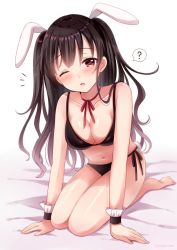 Rule 34 | 1girl, ?, animal ears, arm support, bare legs, bare shoulders, barefoot, bed sheet, black bra, black hair, black panties, blush, bra, breasts, cleavage, collarbone, full body, head tilt, long hair, looking at viewer, medium breasts, navel, neck ribbon, notice lines, one eye closed, original, panties, parted lips, rabbit ears, red eyes, red ribbon, ribbon, sakura hiyori, seiza, side-tie panties, sitting, soles, solo, spoken question mark, two side up, underwear, underwear only, very long hair, white background, wrist cuffs