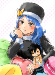 Rule 34 | 1girl, akane (imochimo), bad id, bad pixiv id, blue hair, blush, character doll, fairy tail, fur trim, gray fullbuster, hat, heart, heart-shaped pillow, juvia lockser, pillow, sketch, solo
