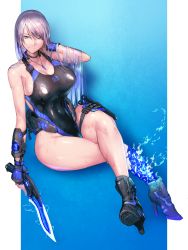 Rule 34 | 1girl, black footwear, black one-piece swimsuit, blue background, blue gloves, breasts, check copyright, cleavage, commission, competition swimsuit, copyright request, crossed legs, electricity, fingerless gloves, full body, gloves, gradient background, grey hair, hetza (hellshock), high heels, highleg, highleg swimsuit, highres, holding, holding knife, holding weapon, jewelry, knife, large breasts, long hair, looking at viewer, necklace, one-piece swimsuit, original, sitting, skeb commission, smile, solo, swimsuit, very long hair, weapon, wet, wet clothes, wet swimsuit