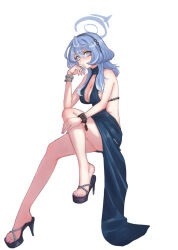 Rule 34 | 1girl, absurdres, ako (blue archive), ako (dress) (blue archive), ass, backless dress, backless outfit, black footwear, black hairband, blue archive, blue eyes, blue hair, blue halo, blush, breasts, cleavage, closed mouth, cuffs, dress, feet, full body, hair between eyes, hairband, halo, handcuffs, high heels, highres, knee up, large breasts, legs, long hair, looking at viewer, nail polish, official alternate costume, platform mules, sandals, simple background, sleeveless, sleeveless dress, solo, toenail polish, toenails, toes, tomare (akashingou), white background
