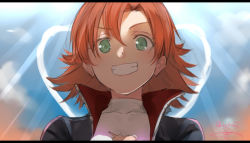Rule 34 | 1girl, artist name, blush, brown hair, green eyes, grin, isshiki (ffmania7), jacket, letterboxed, looking at viewer, nora valkyrie, open clothes, open jacket, orange hair, rwby, signature, smile, solo, teeth, turtleneck, twitter username, upper body