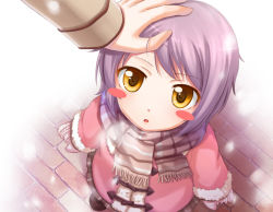 Rule 34 | 00s, 1girl, aged down, blush stickers, child, chobipero, coat, duffel coat, from above, hand on another&#039;s head, head pat, headpat, light purple hair, looking at viewer, looking up, mittens, nagato yuki, scarf, short hair, solo focus, striped clothes, striped scarf, suzumiya haruhi no yuuutsu, yellow eyes