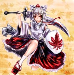Rule 34 | 1girl, animal ears, bad id, bad pixiv id, bare shoulders, daishou, detached sleeves, faux traditional media, female focus, inubashiri momiji, leaf, maple leaf, oil painting (medium), painting (medium), red eyes, shield, short hair, solo, speed painting, sword, tail, touhou, traditional media, weapon, white hair, wolf ears, wolf tail