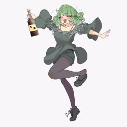 Rule 34 | 1girl, anderson m0311, bottle, closed eyes, drunk, full body, green hair, happy, highres, idolmaster, idolmaster cinderella girls, medium hair, open mouth, outstretched arms, pantyhose, pantyhose under shorts, sake bottle, shirt, shorts, simple background, smile, solo, spread arms, standing, standing on one leg, takagaki kaede, white background