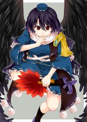 Rule 34 | 1girl, bad id, bad pixiv id, bird wings, blue dress, blue hair, breasts, commentary request, covering own mouth, dark blue hair, dress, finger to mouth, foot out of frame, geta, grey background, hand fan, hand up, hat, hauchiwa, holding, holding fan, iizunamaru megumu, large breasts, long hair, looking at viewer, outline, pom pom (clothes), red eyes, simple background, smile, solo, tengu-geta, tokin hat, touhou, white outline, wings, zetsumame