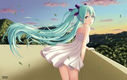 Rule 34 | 1girl, :o, absurdres, aqua eyes, aqua hair, aqua nails, artist name, bare shoulders, bracelet, breasts, day, dress, floating hair, hair between eyes, hair ribbon, hamano (hamafino), hatsune miku, highres, jewelry, leaf, leaning forward, light blush, long hair, looking at viewer, looking back, mountainous horizon, outdoors, parted lips, ribbon, sidelocks, sky, sleeveless, sleeveless dress, small breasts, solo, spaghetti strap, standing, sundress, twintails, very long hair, vocaloid, white dress, wind