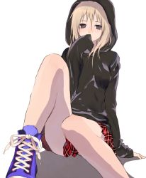 Rule 34 | 1girl, black eyes, blonde hair, blush, covering own mouth, hood, hoodie, light smile, long sleeves, looking at viewer, original, plaid, plaid skirt, pleated skirt, red skirt, shoelaces, shoes, simple background, sitting, skirt, sleeves past wrists, sneakers, solo, tsukioka tsukiho, white background, zipper