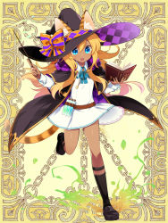 Rule 34 | 1girl, :o, animal ears, argyle, belt, black cape, black footwear, black socks, blonde hair, blue eyes, blue neckwear, book, bow, cape, cat ears, cat tail, dark-skinned female, dark skin, dress, gold trim, hat, hat bow, holding, holding book, kerberos blade, l (matador), long hair, looking at viewer, open book, orange bow, potion, purple bow, sidelocks, simple background, socks, solo, standing, standing on one leg, striped, striped bow, tail, vial, wand, white dress, wizard hat, yellow background
