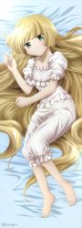 Rule 34 | 1girl, absurdres, amisaki ryouko, barefoot, blonde hair, dakimakura (medium), feet, full body, gosick, green eyes, highres, incredibly absurdres, long hair, long image, looking at viewer, lying, megami magazine, official art, on side, pajamas, solo, stick poster, tall image, very long hair, victorica de blois