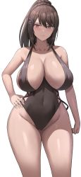 Rule 34 | 1girl, absurdres, breasts, brown eyes, brown hair, cameltoe, chabashira sae, closed mouth, collarbone, covered navel, curvy, groin, hair ornament, hairclip, hand on own hip, high ponytail, highres, huge breasts, jasony, large breasts, long hair, looking at viewer, mature female, ponytail, purple eyes, sidelocks, simple background, solo, standing, swimsuit, thick thighs, thighs, white background, wide hips, youkoso jitsuryoku shijou shugi no kyoushitsu e