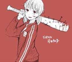 Rule 34 | 1girl, bad id, bad twitter id, baseball bat, blood, blood on face, bloody weapon, character name, commentary, copyright name, cowboy shot, from side, gym uniform, holding, holding baseball bat, holding weapon, inactive account, jacket, jaga rico, long sleeves, looking at viewer, low twintails, maeda tomoko, medium hair, monochrome, nail, nail bat, name tag, over shoulder, parted lips, partially colored, red background, red eyes, red jacket, red theme, short twintails, simple background, siren (series), siren 1, sketch, solo, track jacket, translated, twintails, weapon, weapon over shoulder