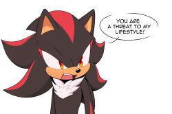 Rule 34 | 1boy, animal ears, animal nose, black fur, body fur, commentary, english commentary, english text, fang, furry, furry male, hedgehog, hedgehog ears, highres, looking to the side, male focus, open mouth, red eyes, red fur, shadow the hedgehog, solo, sonic (series), speech bubble, standing, teeth, tongue, toonsite, two-tone fur