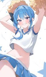 Rule 34 | 1girl, absurdres, alternate costume, armpits, arms up, blue eyes, blue hair, blue skirt, blush, cheerleader, commentary request, highres, holding, holding pom poms, hololive, hoshimachi suisei, looking at viewer, nel dcm, pom pom (cheerleading), pom poms, shirt, side ponytail, simple background, skirt, sleeveless, sleeveless shirt, smile, solo, star (symbol), starry background, stomach, virtual youtuber, white background, white shirt