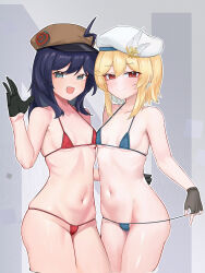 Rule 34 | 2girls, absurdres, ahoge, beret, black gloves, blonde hair, blue bra, blue eyes, blue hair, blue panties, blush, bra, breast press, breasts, brown headwear, cabbie hat, chinese commentary, closed mouth, collarbone, commentary request, cropped legs, fingerless gloves, girls&#039; frontline, girls&#039; frontline 2: exilium, gloves, hair between eyes, half gloves, hand up, hat, hat feather, heart, heart in eye, highres, long hair, looking at viewer, medium breasts, micro bra, multiple girls, nagant revolver (girls&#039; frontline), navel, open mouth, outline, panties, petite, red bra, red eyes, red panties, ribs, shenqi xiaohuang, sidelocks, skindentation, small breasts, smile, stechkin (girls&#039; frontline), stomach, symbol in eye, symmetrical docking, underwear, upper body, white headwear, white outline