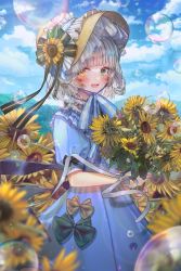 Rule 34 | 1girl, :d, black ribbon, blue dress, blunt bangs, blurry, blurry foreground, blush, bonnet, bow, bubble, cloud, cloudy sky, commentary, day, dress, field, flower, flower field, green bow, green eyes, hanato (seonoaiko), heterochromia, highres, holding, holding flower, looking at viewer, mole, mole under eye, open mouth, original, outdoors, puffy short sleeves, puffy sleeves, ribbon, short hair, short sleeves, silver hair, sky, smile, solo, standing, sunflower, sunflower field, teeth, upper teeth only, white ribbon, yellow bow, yellow eyes, yellow flower