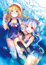 Rule 34 | 10s, 2girls, blonde hair, blue eyes, blue hair, breasts, glasses, hat, i-19 (kancolle), i-8 (kancolle), kantai collection, large breasts, long hair, multiple girls, red eyes, rioka (southern blue sky), school swimsuit, smile, swimsuit, thighhighs, torpedo, twintails, white legwear