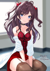 Rule 34 | 1girl, :3, absurdres, ahoge, bare shoulders, black hair, blue eyes, blurry, blurry background, bow, breasts, brown thighhighs, cleavage, closed mouth, commentary request, day, depth of field, dress, garter straps, hair bow, hair intakes, highres, ichinose shiki, idolmaster, idolmaster cinderella girls, indoors, lab coat, long hair, looking at viewer, medium breasts, multicolored hair, ochinsama, off shoulder, open clothes, red bow, red dress, signature, sleeveless, sleeveless dress, smile, solo, sunlight, thighhighs, twitter username, two-tone hair, window