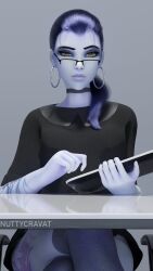 Rule 34 | 1girl, 3d, alternate universe, arm tattoo, bespectacled, black-framed eyewear, black choker, black dress, blue thighhighs, choker, colored skin, commentary, crossed legs, desk, dress, earrings, english commentary, flat chest, glasses, highres, holding, holding tablet pc, hoop earrings, jewelry, leg tattoo, long hair, looking at viewer, mismatched eyebrows, nuttycravat, over-rim eyewear, overwatch, ponytail, purple lips, purple skin, raised eyebrow, semi-rimless eyewear, sitting, solo, tablet pc, tattoo, thighhighs, wide hips, widowmaker (overwatch)